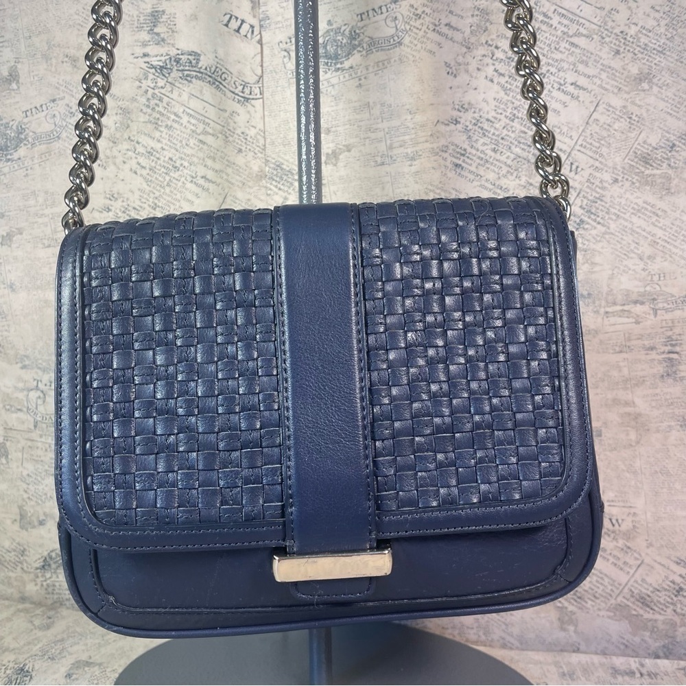 Banana Republic Navy Blue Cross Body Shoulder Bag Basket Weave Flap Closure